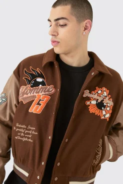Boxy Melton & Pu Collared Varsity Jacket | BoohooMAN UK