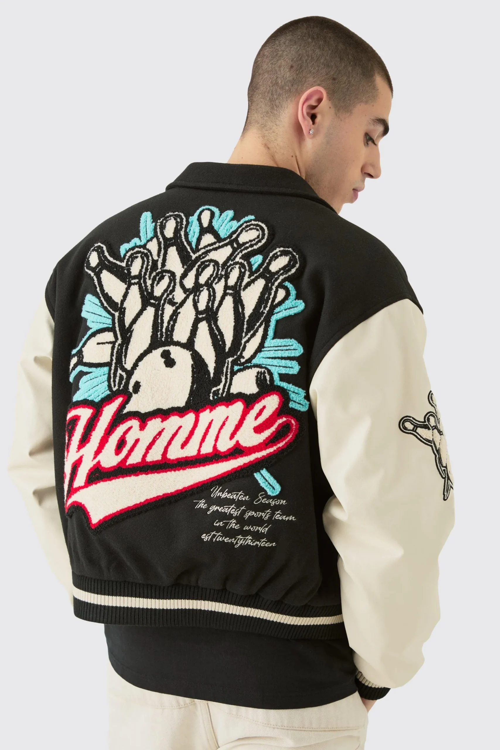 Boxy Melton & Pu Collared Varsity Jacket | BoohooMAN UK