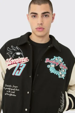 Boxy Melton & Pu Collared Varsity Jacket | BoohooMAN UK