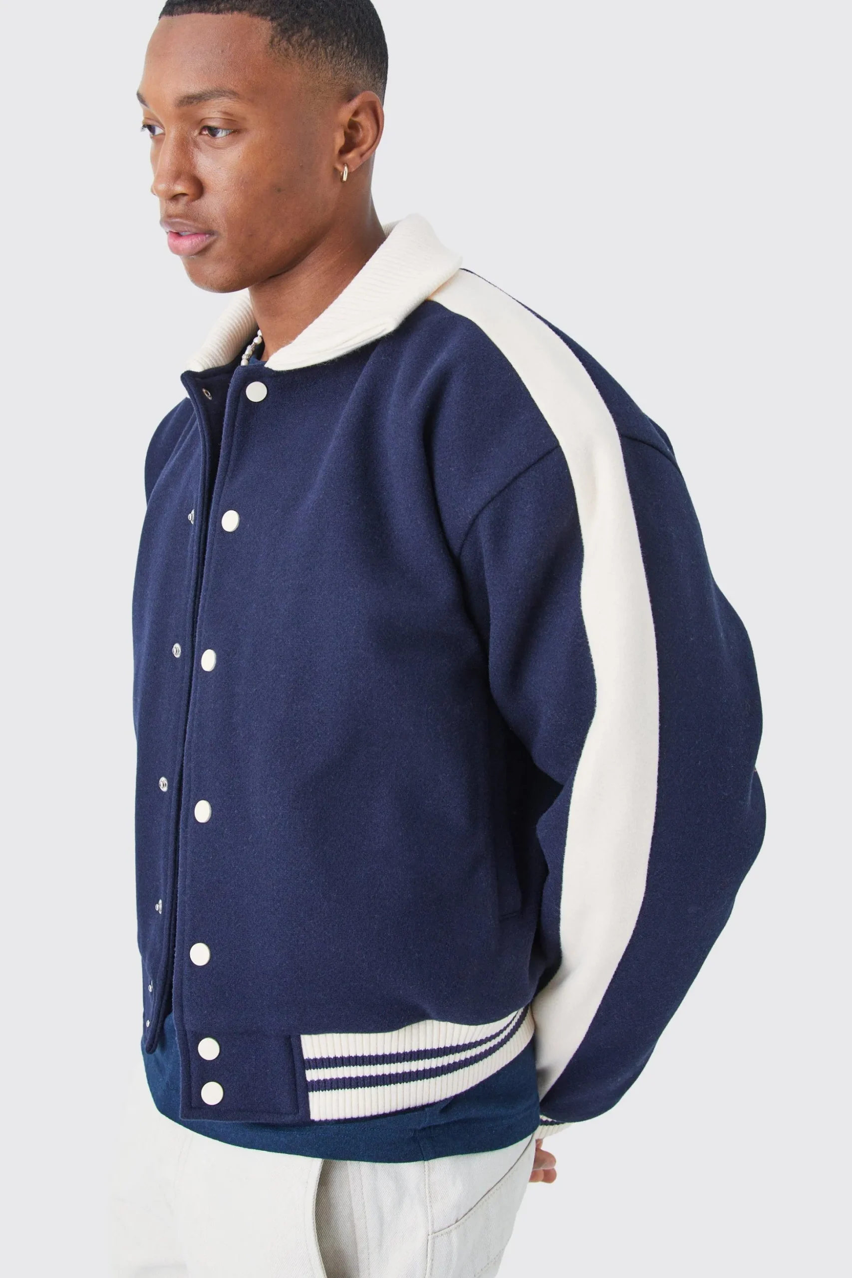Boxy Melton Knitted Collar Harrington | BoohooMAN UK