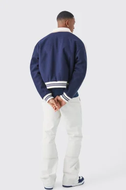 Boxy Melton Knitted Collar Harrington | BoohooMAN UK