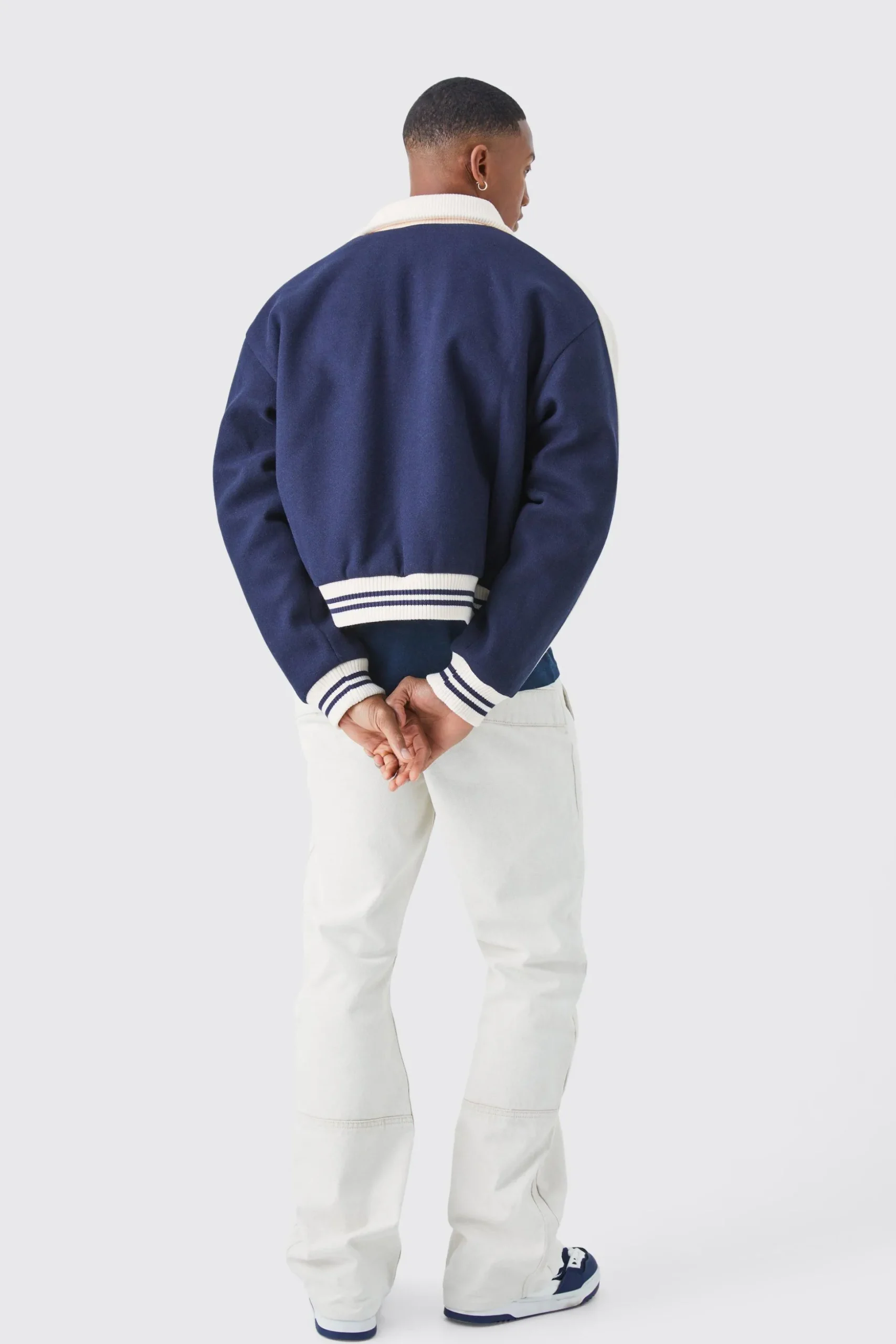 Boxy Melton Knitted Collar Harrington | BoohooMAN UK
