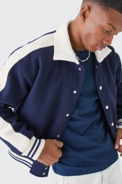 Boxy Melton Knitted Collar Harrington | BoohooMAN UK