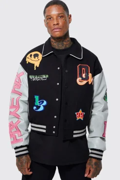 Boxy Melton Pu Varsity Badge Jacket | BoohooMAN UK