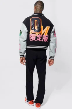 Boxy Melton Pu Varsity Badge Jacket | BoohooMAN UK