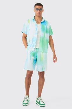 Boxy Mesh Glitch Shirt & Short Set | BoohooMAN UK