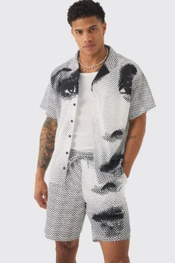 Boxy Mesh Photo Print Shirt & Short | BoohooMAN UK