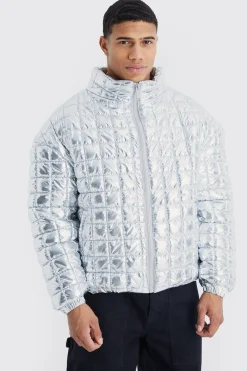 Boxy Metallic Funnel Neck Bubble Puffer | BoohooMAN UK