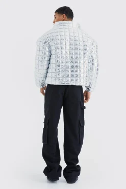 Boxy Metallic Funnel Neck Bubble Puffer | BoohooMAN UK