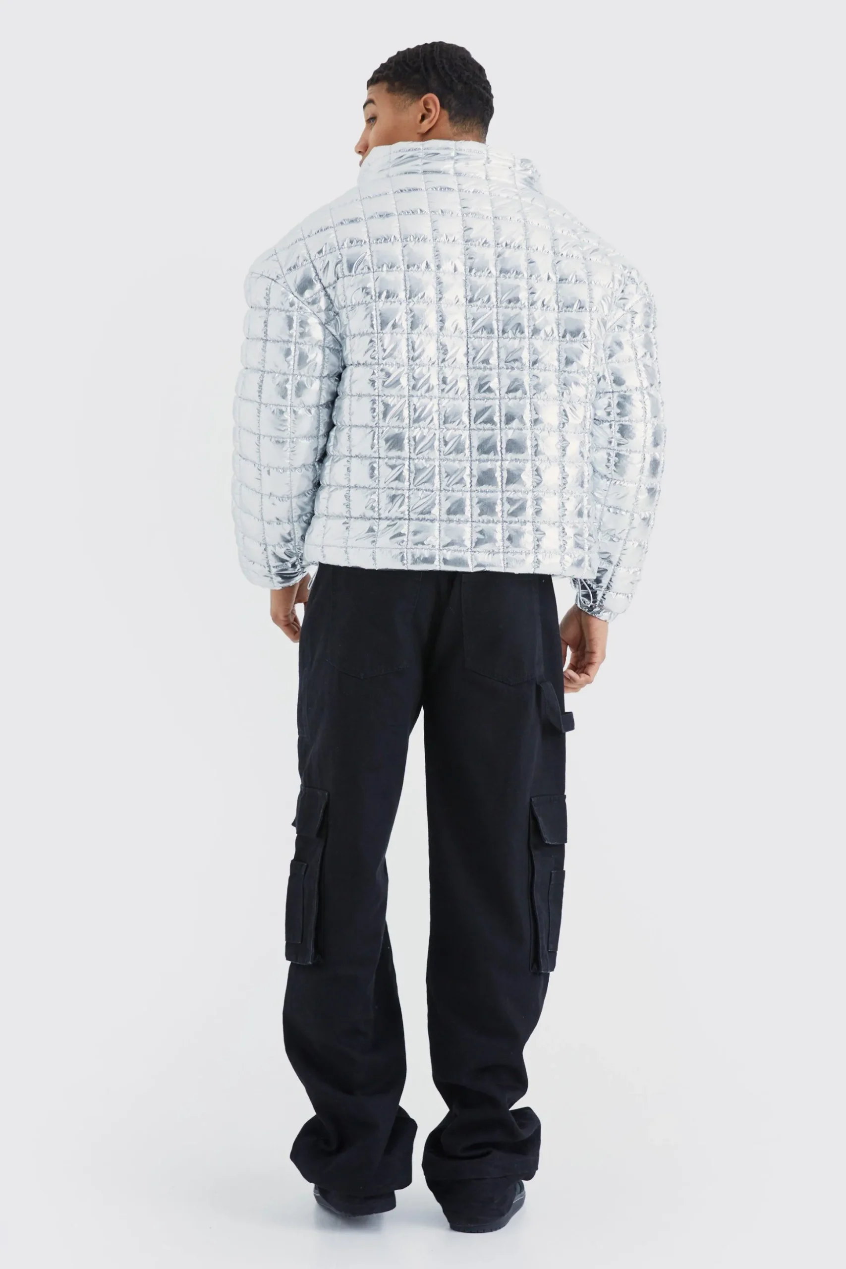 Boxy Metallic Funnel Neck Bubble Puffer | BoohooMAN UK