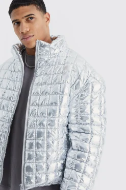 Boxy Metallic Funnel Neck Bubble Puffer | BoohooMAN UK