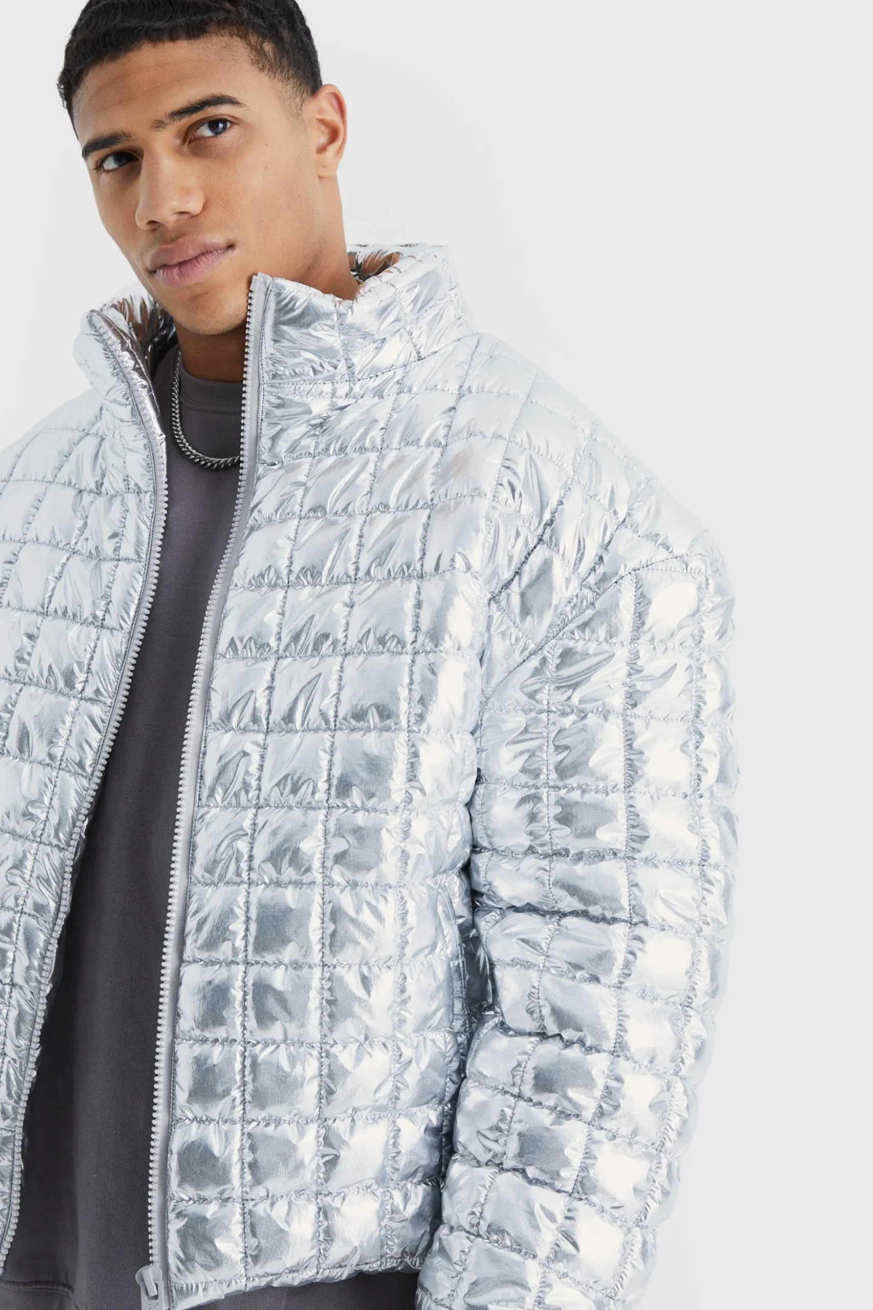 Boxy Metallic Funnel Neck Bubble Puffer | BoohooMAN UK