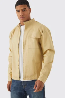 Boxy Moto Neck Twill Overshirt | BoohooMAN UK