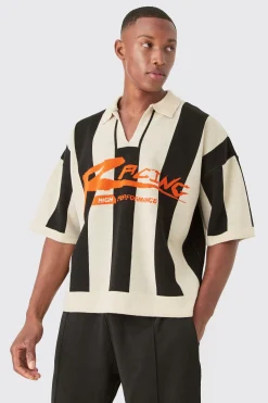 Boxy Moto Stripe Knitted Polo | BoohooMAN UK