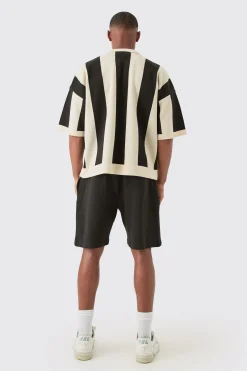 Boxy Moto Stripe Knitted Polo | BoohooMAN UK