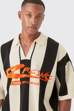 Boxy Moto Stripe Knitted Polo | BoohooMAN UK