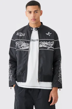 Boxy Nylon Collarless Moto Jacket | BoohooMAN UK