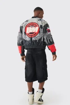 Boxy Official Man PU Varsity Jacket In Black | BoohooMAN UK