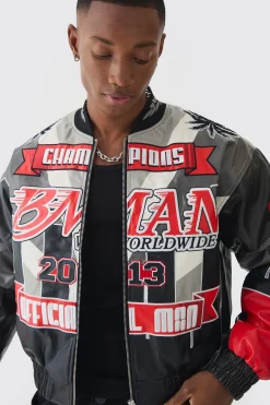 Boxy Official Man PU Varsity Jacket In Black | BoohooMAN UK