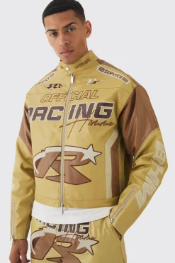 Boxy Official Pu Moto Jacket In Camel | BoohooMAN UK