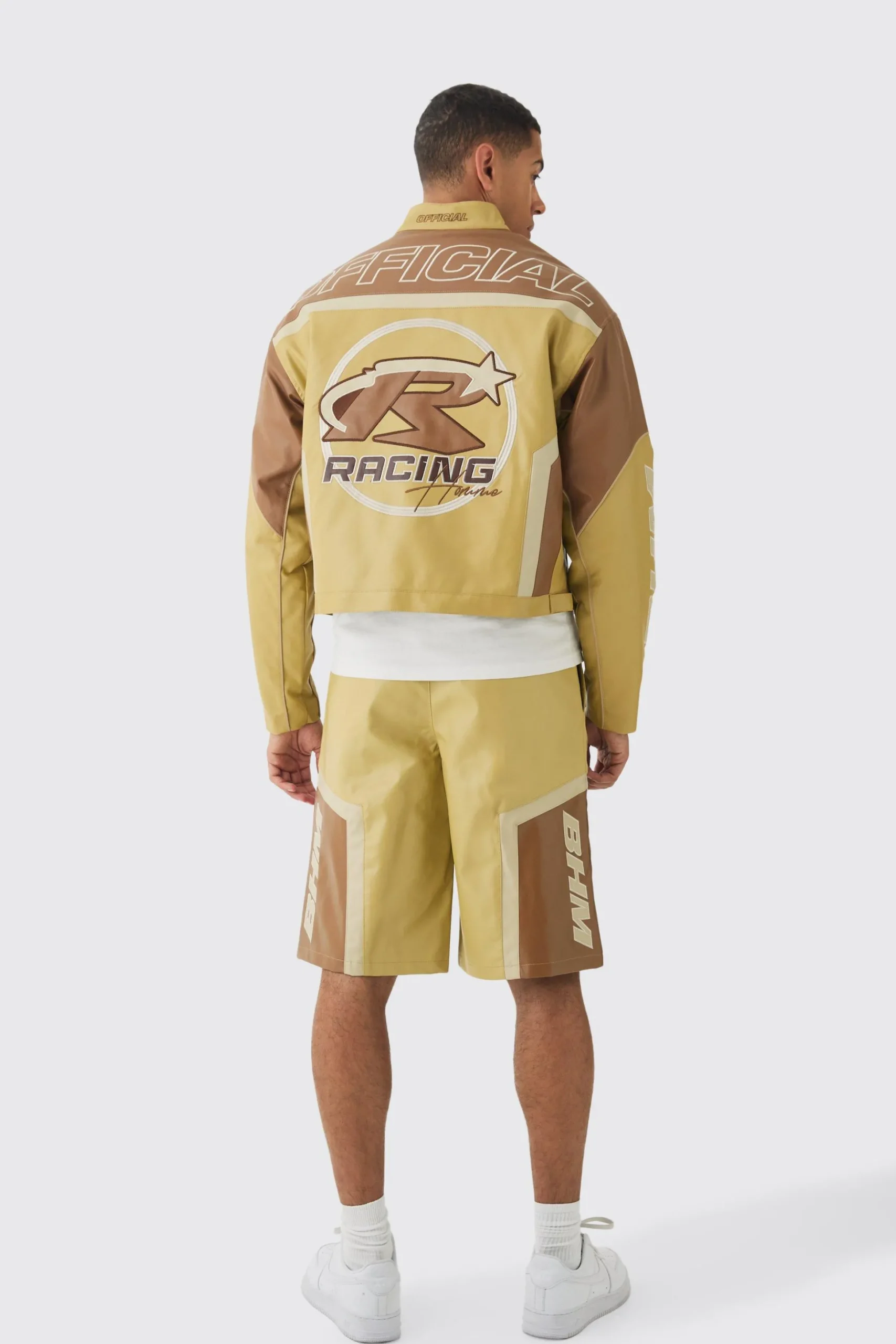 Boxy Official Pu Moto Jacket In Camel | BoohooMAN UK