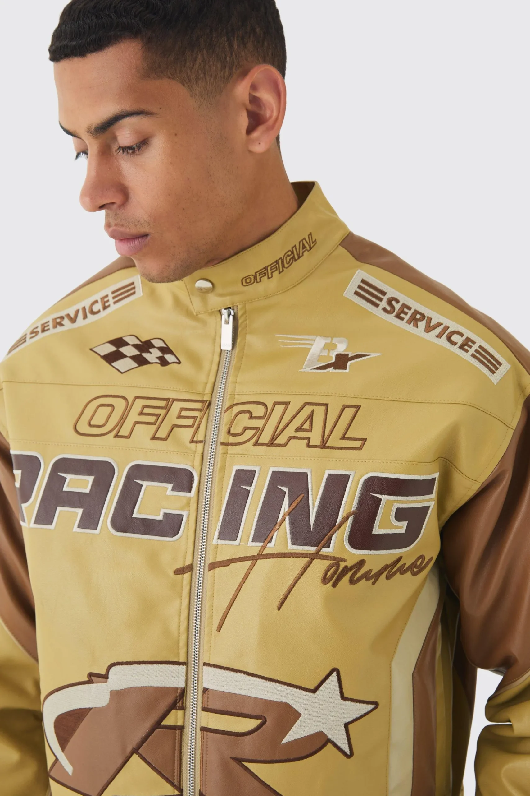 Boxy Official Pu Moto Jacket In Camel | BoohooMAN UK