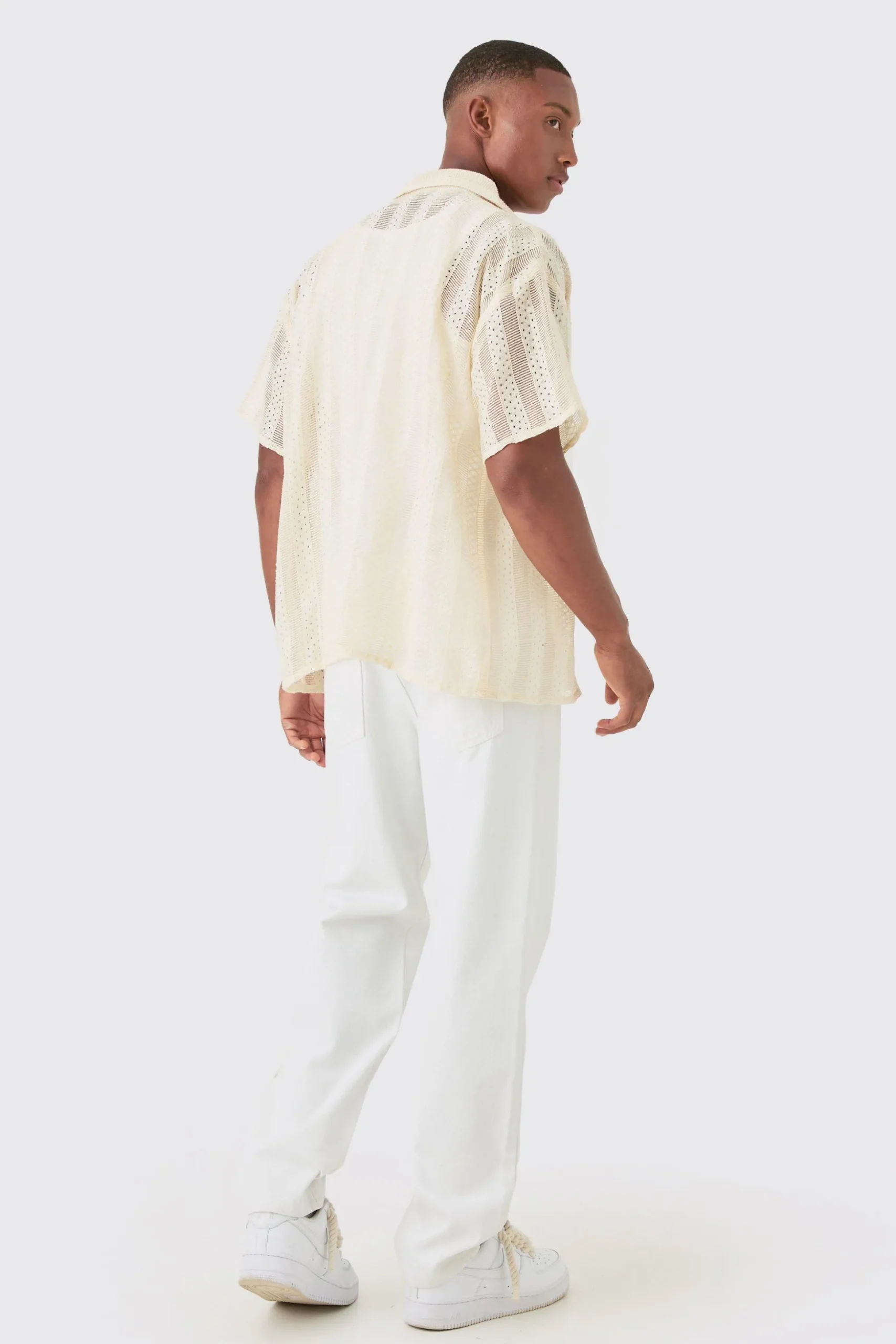 Boxy Open Lace Stripe Shirt | BoohooMAN UK