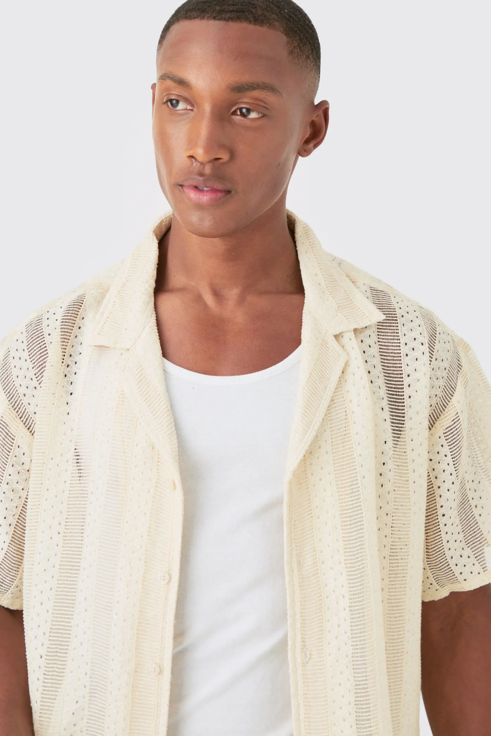 Boxy Open Lace Stripe Shirt | BoohooMAN UK