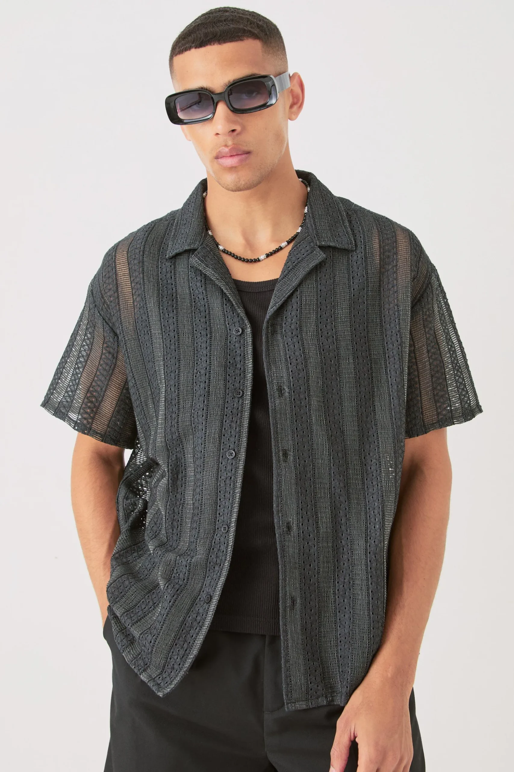 Boxy Open Lace Stripe Shirt | BoohooMAN UK