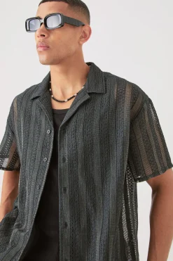Boxy Open Lace Stripe Shirt | BoohooMAN UK