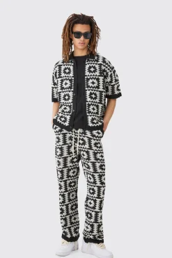 Boxy Open Stitch Crochet Polo Trouser Knitted Set | BoohooMAN UK