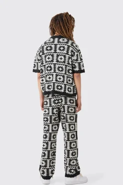 Boxy Open Stitch Crochet Polo Trouser Knitted Set | BoohooMAN UK