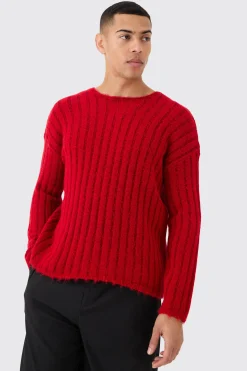 Boxy Open Stitch Ladder Detail Jumper In Red | BoohooMAN UK