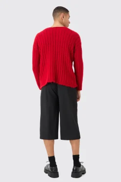 Boxy Open Stitch Ladder Detail Jumper In Red | BoohooMAN UK