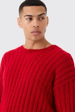 Boxy Open Stitch Ladder Detail Jumper In Red | BoohooMAN UK