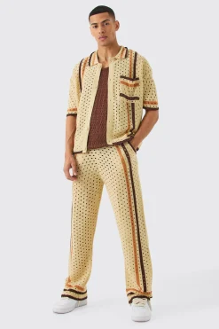 Boxy Open Stitch Polo Trouser Knitted Set | BoohooMAN UK