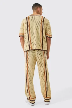 Boxy Open Stitch Polo Trouser Knitted Set | BoohooMAN UK