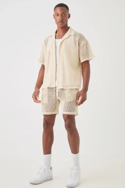 Boxy Open Stitch Shirt & Short Set | BoohooMAN UK
