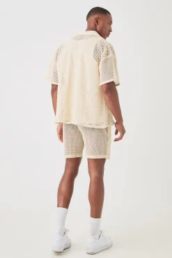 Boxy Open Stitch Shirt & Short Set | BoohooMAN UK