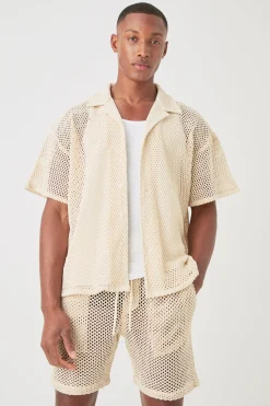 Boxy Open Stitch Shirt & Short Set | BoohooMAN UK