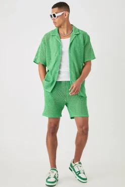 Boxy Open Stitch Shirt & Short Set | BoohooMAN UK