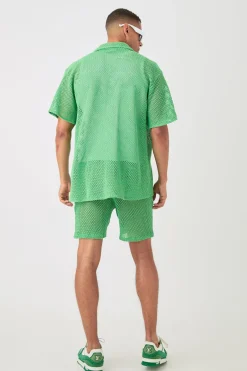 Boxy Open Stitch Shirt & Short Set | BoohooMAN UK