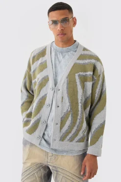 Boxy Oversized Brushed Abstract All Over Cardigan | BoohooMAN UK