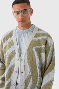 Boxy Oversized Brushed Abstract All Over Cardigan | BoohooMAN UK