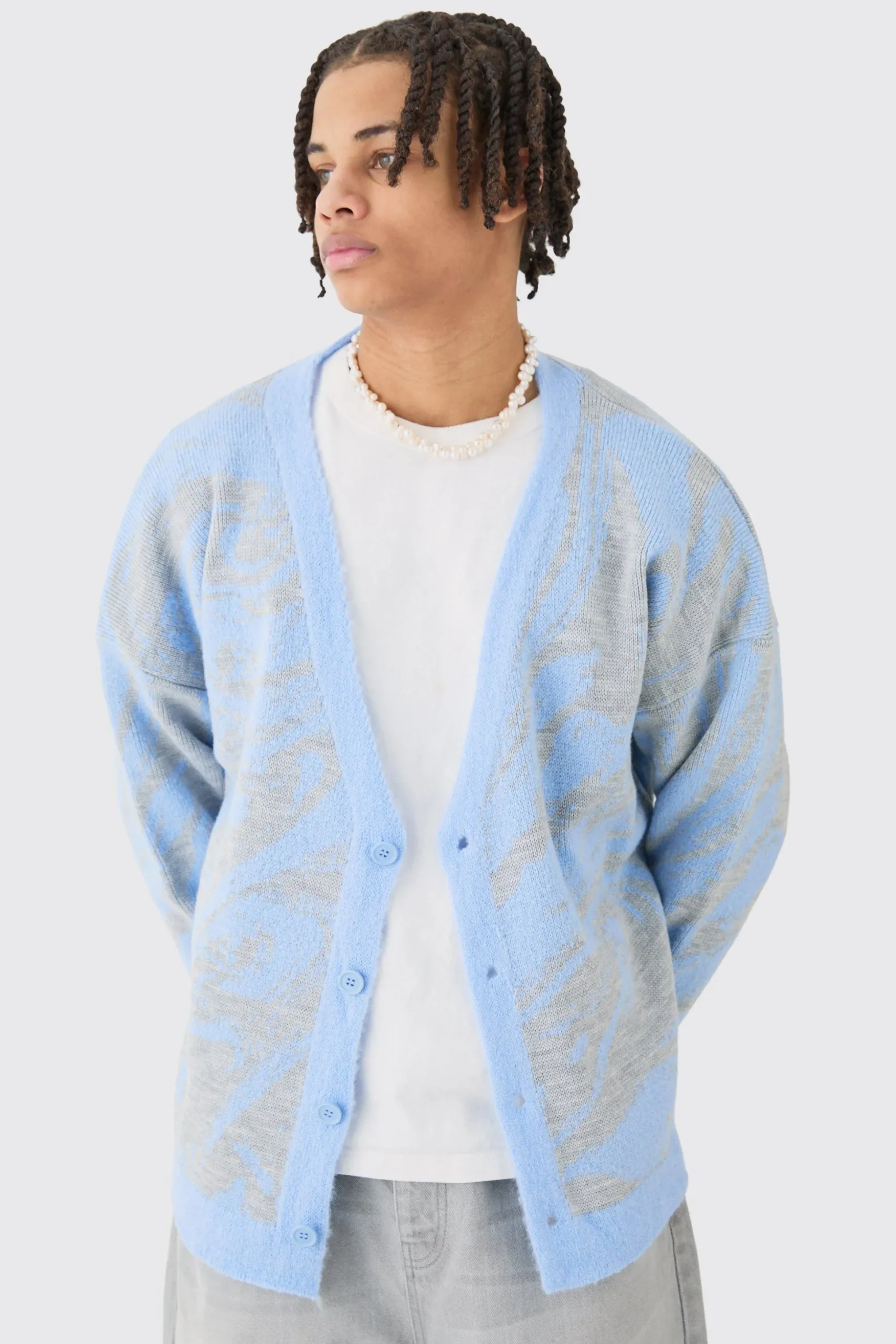 Boxy Oversized Brushed Abstract All Over Cardigan | BoohooMAN UK