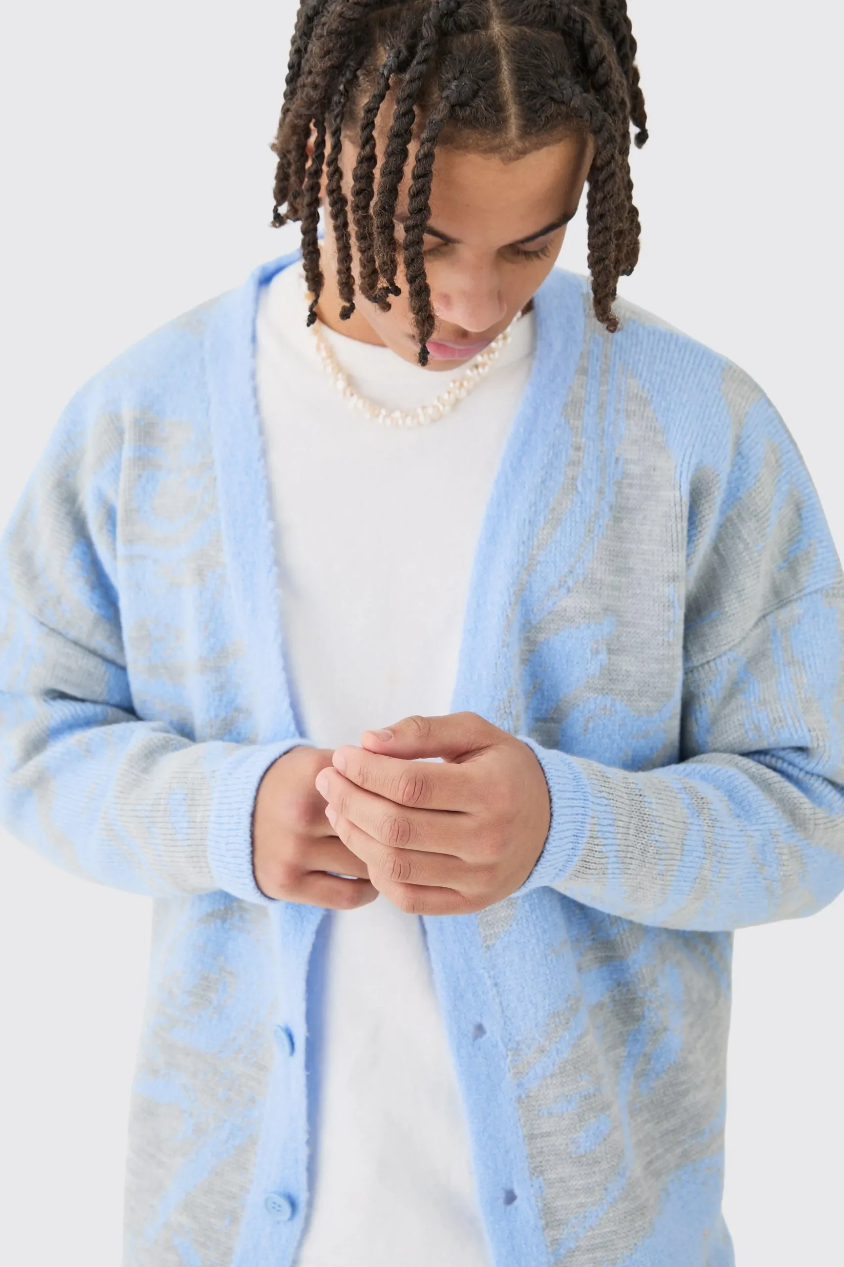 Boxy Oversized Brushed Abstract All Over Cardigan | BoohooMAN UK