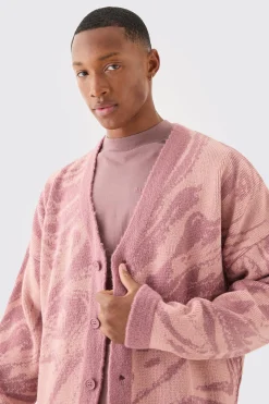 Boxy Oversized Brushed Abstract All Over Cardigan | BoohooMAN UK
