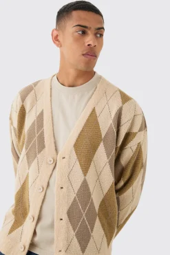 Boxy Oversized Brushed Check All Over Cardigan | BoohooMAN UK