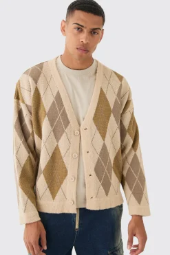 Boxy Oversized Brushed Check All Over Cardigan | BoohooMAN UK