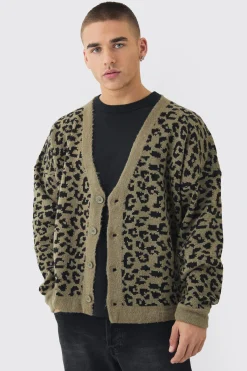 Boxy Oversized Brushed Leopard All Over Cardigan | BoohooMAN UK